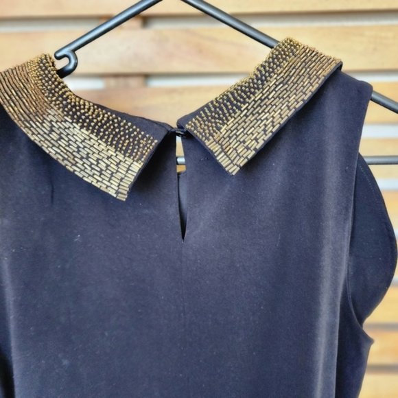 Howard Showers midi dress size 10 black stretch knit embellished gold collar - Picture 7 of 10